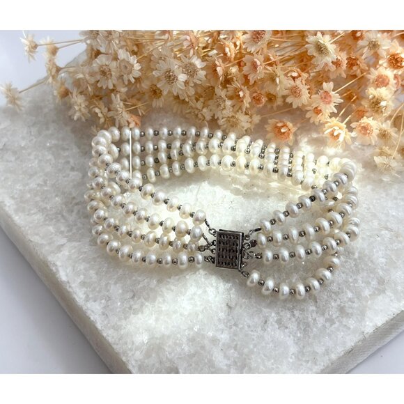 Natural Faux Pearled Beaded Quadruple Chained Sterling Silver Vintage Bracelet - Picture 1 of 10